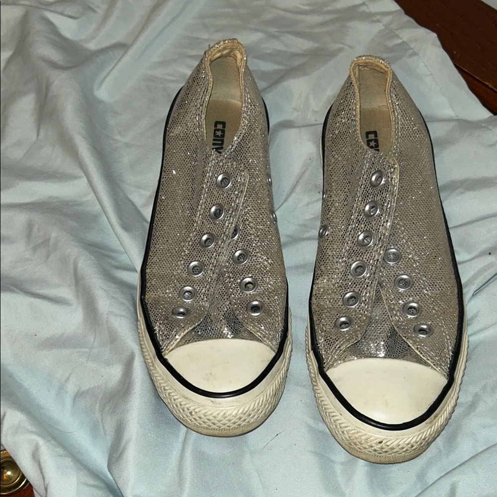 Converse Women's Glittery Silver Slip-On Sneakers